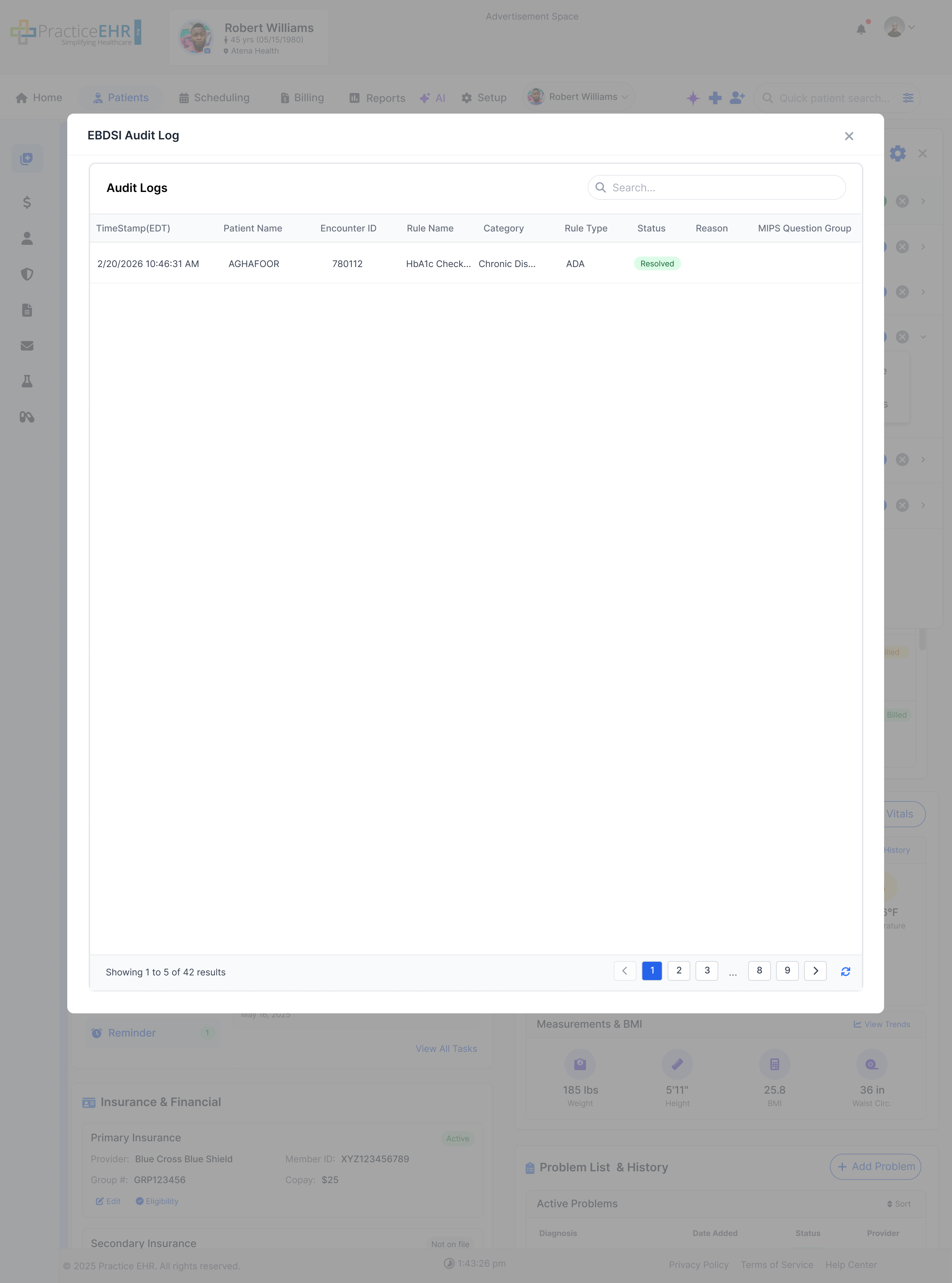 EBDSI Audit Log modal with searchable grid and pagination